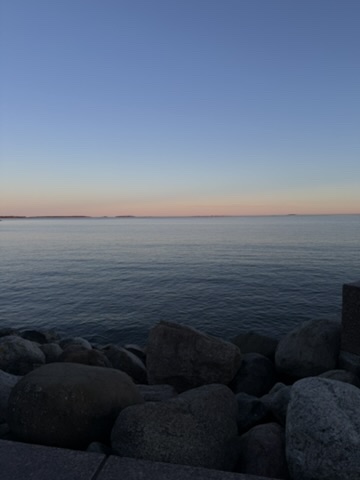 Rocky shoreline at dusk, calm water and soft pink horizon